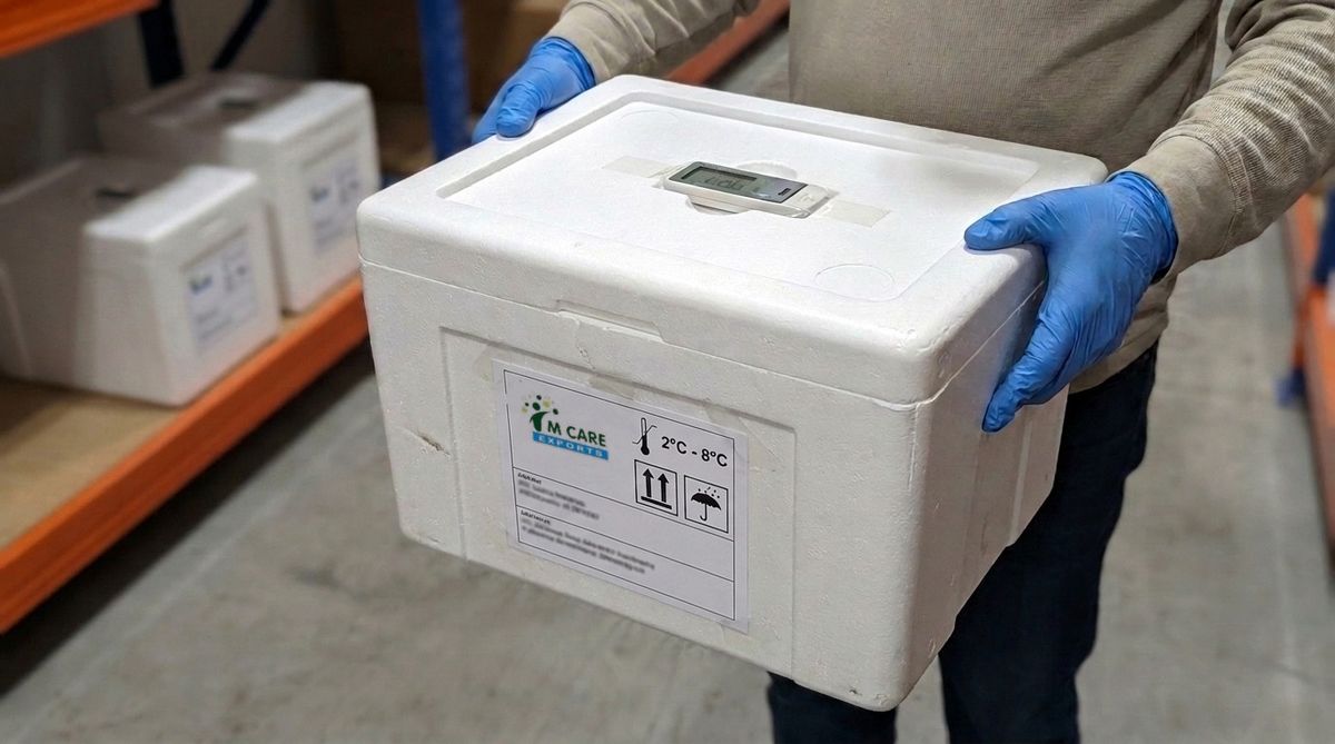 Insulated 2-8 degree cold-chain shipper carton with an M Care Exports shipping label and in-transit temperature logger, carried by a gloved warehouse operative
