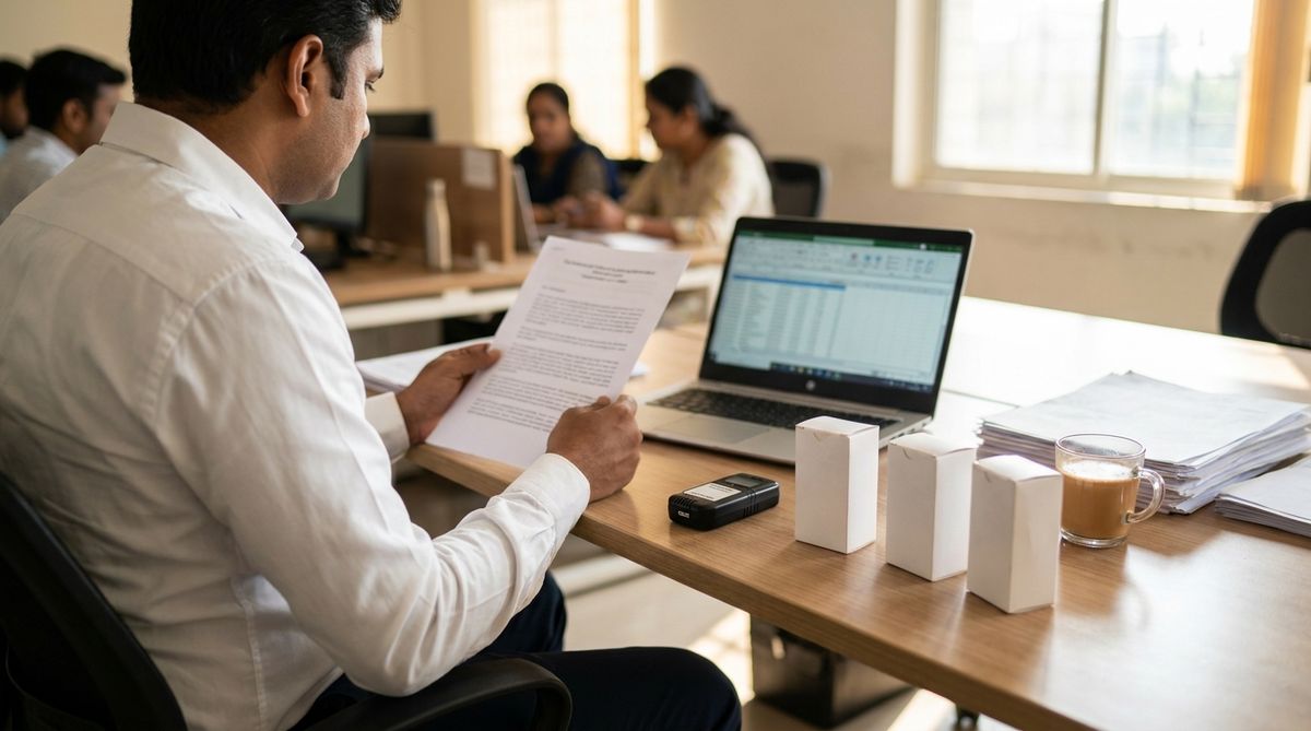 Comparator sourcing desk with reference product cartons, batch documents and an in-transit temperature logger under review