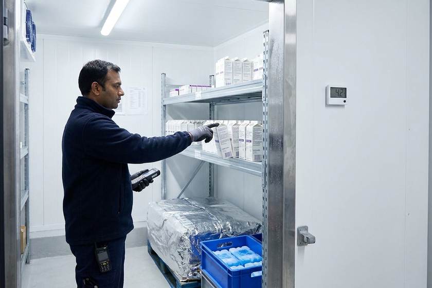 Pharmacist checking stock inside a 2-8 degree cold room, temperature display reading 4.2